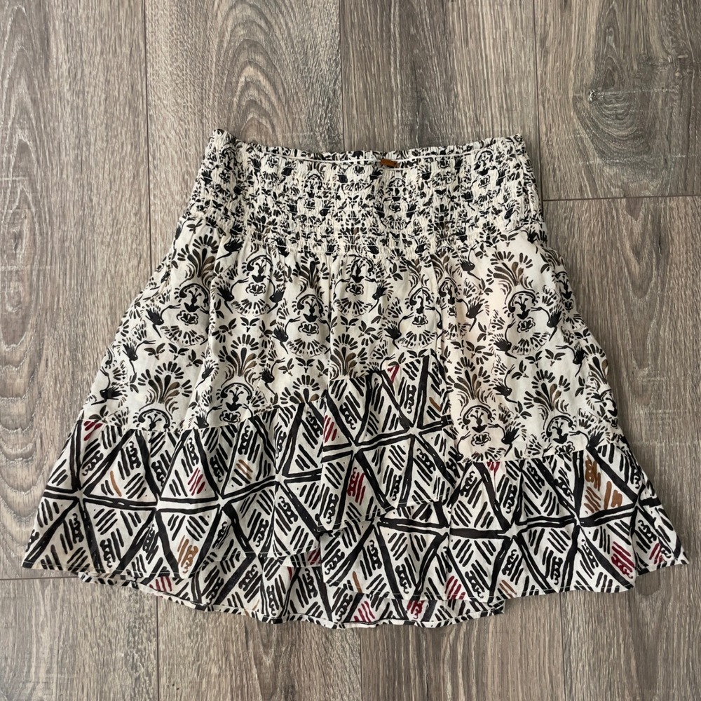 Free People Mixed Print Smocked Mini Skirt Boho Tiered Cream Black Small